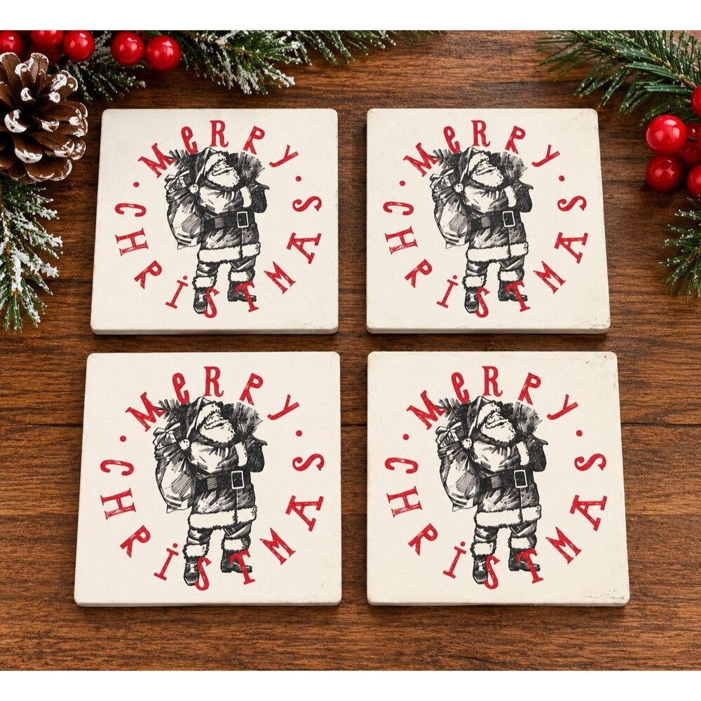 Set of 4 Merry Christmas Santa Square Coasters Holiday Christmas Decor